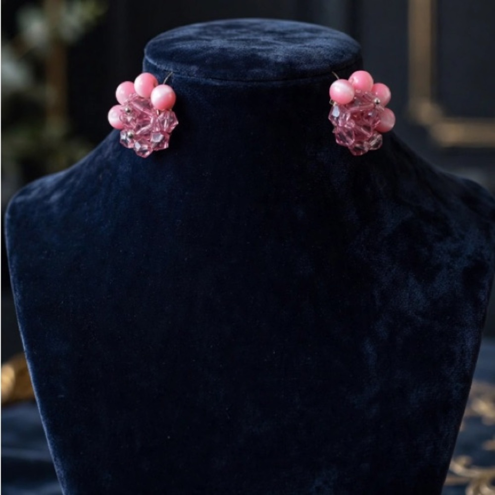 JAPAN Pink Beaded Cluster Clip-On Earrings
